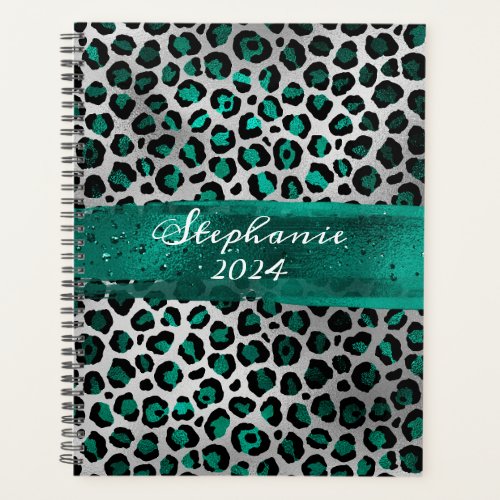 Teal Green and Silver Foil Leopard Brush Stroke Planner