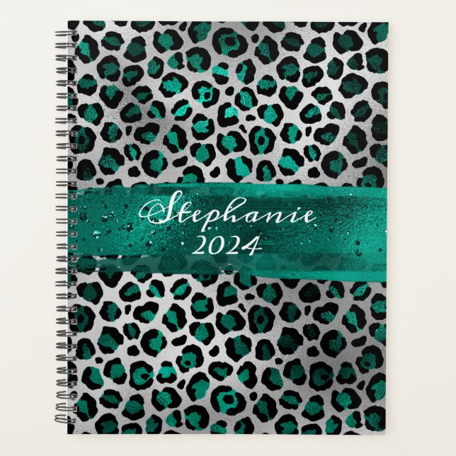 Teal Green and Silver Foil Leopard Brush Stroke Planner (Front)