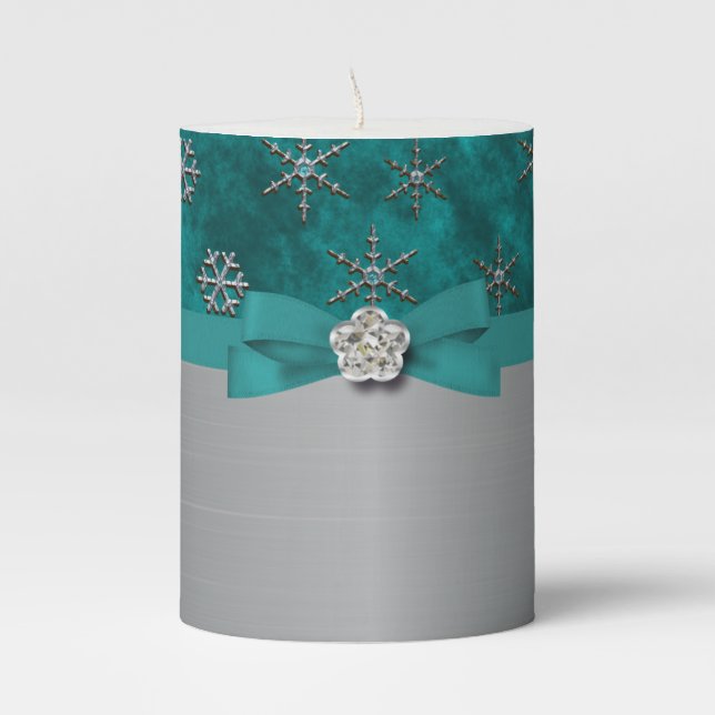 Teal Green And Silver Snowflakes Sparkle Diamond Pillar Candle (Front)