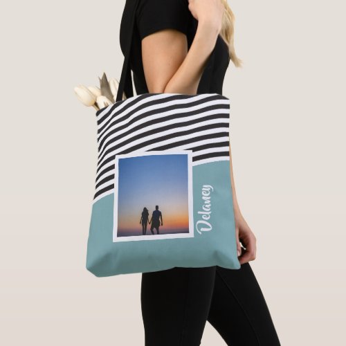 Teal Green and Striped Pattern Personalized Photo Tote Bag