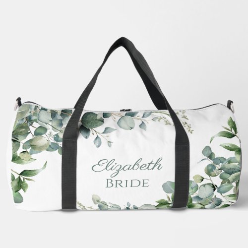 Teal green and white eucalyptus bride large duffle duffle bag