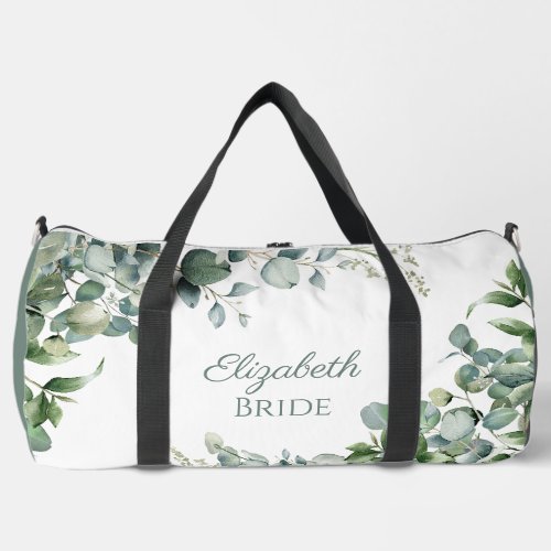 Teal green and white eucalyptus bride large duffle duffle bag