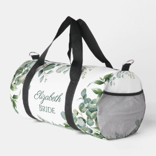Teal green and white eucalyptus bride small duffle bag