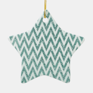 Teal Green and White Faux Glitter Zigzag Ceramic Ornament
