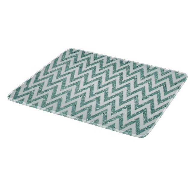 Teal Green and White Faux Glitter Zigzag Cutting Board (Corner)