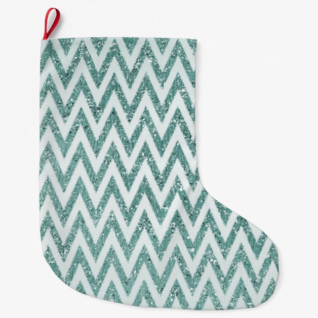 Teal Green and White Faux Glitter Zigzag Large Christmas Stocking (Front)