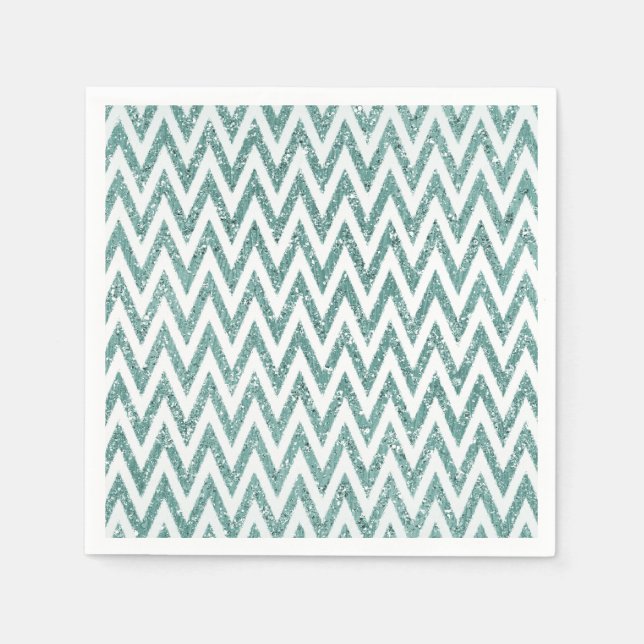Teal Green and White Faux Glitter Zigzag Napkins (Front)
