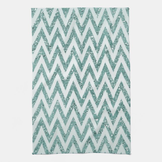 Teal Green and White Faux Glitter Zigzag Towel (Vertical)