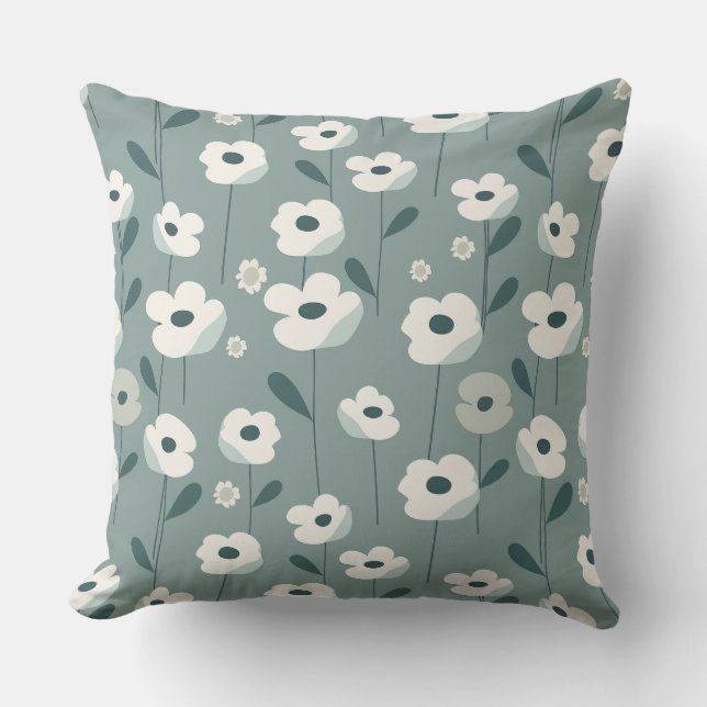 Teal Green and White Floral Throw Pillow (Front)