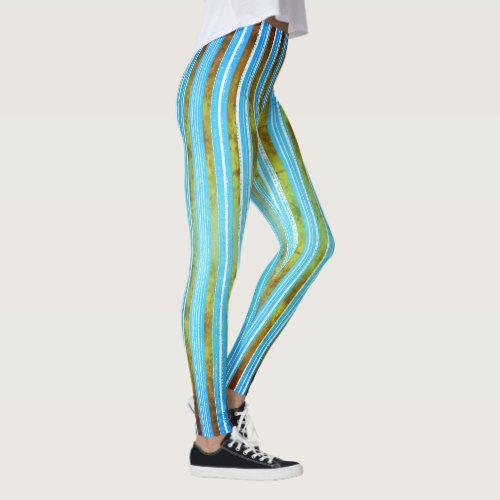 Teal Green and White Striped Pattern Leggings