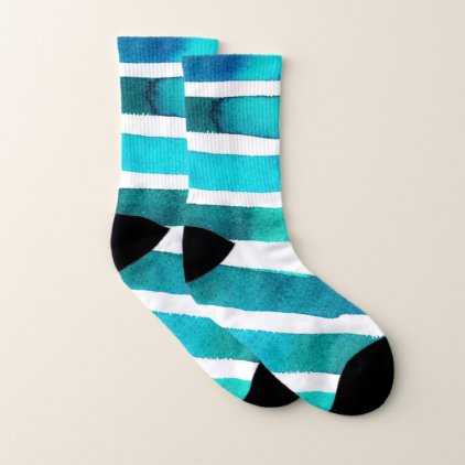 Teal / Green and White Striped Watercolor Socks