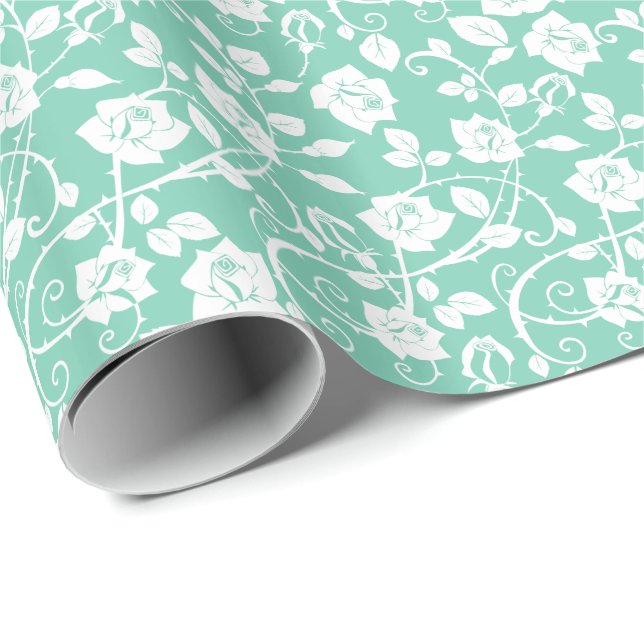 Teal-Green And White Stylized Roses Pattern Wrapping Paper (Roll Corner)