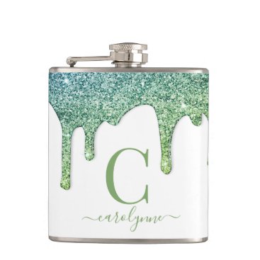 Teal Green Aqua Sparkle Glitter Drips Monogram Flask