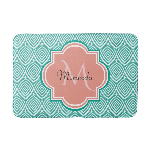 Teal Green Art Deco Fish Scales Pink Monogram Name Bath Mat (Front)