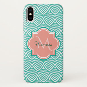 Teal Green Art Deco Fish Scales Pink Monogram Name iPhone X Case