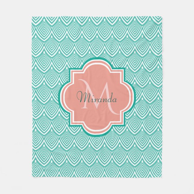Teal Green Art Deco Fish Scales Pink Monogram Name Fleece Blanket (Front)