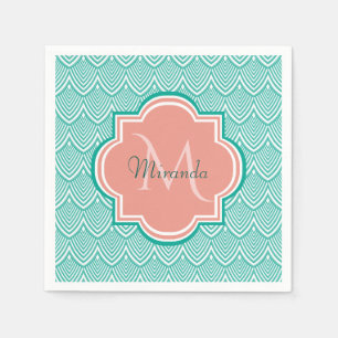 Teal Green Art Deco Fish Scales Pink Monogram Name Napkins