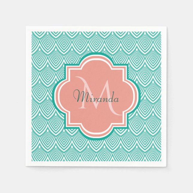 Teal Green Art Deco Fish Scales Pink Monogram Name Napkins (Front)