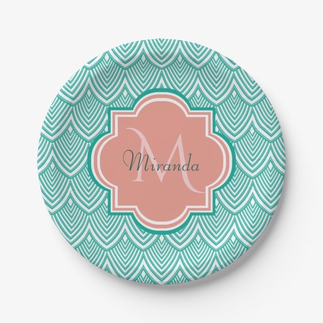 Teal Green Art Deco Fish Scales Pink Monogram Name Paper Plates (Front)