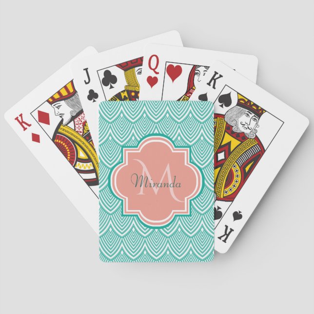 Teal Green Art Deco Fish Scales Pink Monogram Name Poker Cards (Back)