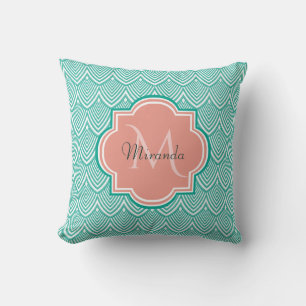Teal Green Art Deco Fish Scales Pink Monogram Name Throw Pillow