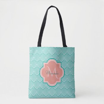 Teal Green Art Deco Fish Scales Pink Monogram Name Tote Bag by ohsogirly at Zazzle