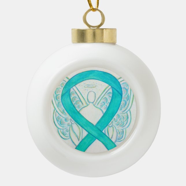 Teal Green Awareness Ribbon Angel Ornaments (Front)