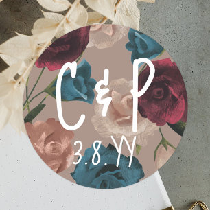Teal Green Beige Burgundy Wedding Roses Christmas Classic Round Sticker