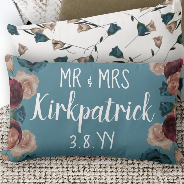 Teal Green, Beige, Burgundy Wedding Roses Newlywed Lumbar Pillow (Teal Flowers Burgundy Roses Beige Botanical Throw Pillow for Newlywed Couple Names Bride Groom)