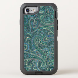 Teal-Green & Beige Vintage Paisley Fabric Texture OtterBox Defender iPhone SE/8/7 Case