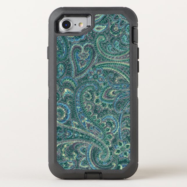 Teal-Green & Beige Vintage Paisley Fabric Texture Otterbox iPhone Case (Back)