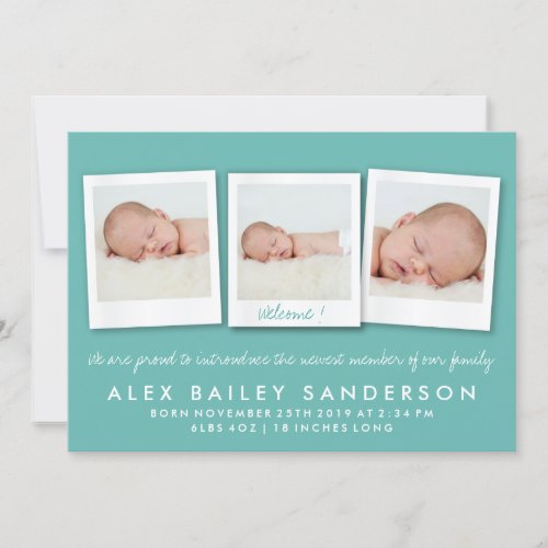 Teal Green Birth Announcement Triple Photo Card