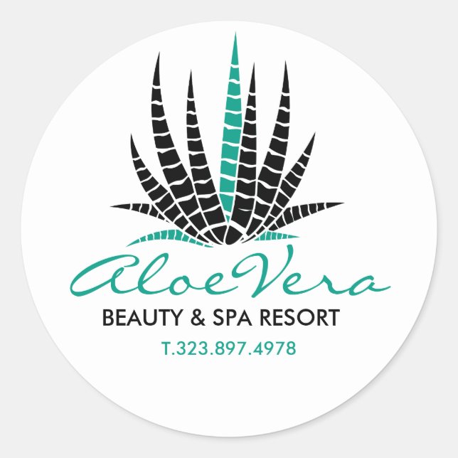 Teal-Green & Black Aloe Vera Illustration Classic Round Sticker (Front)