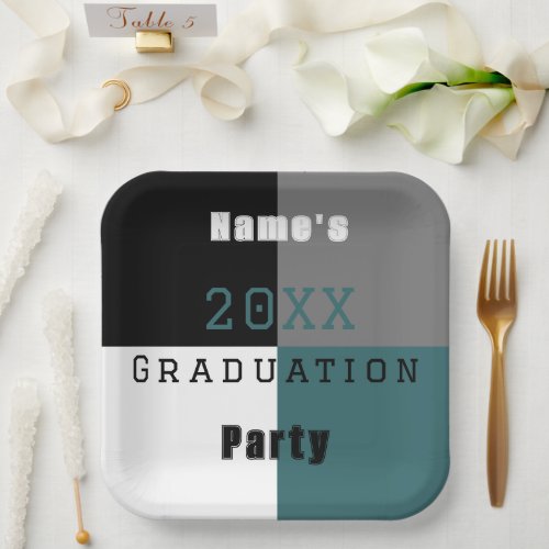 Teal green black and white custom graduation party paper plates