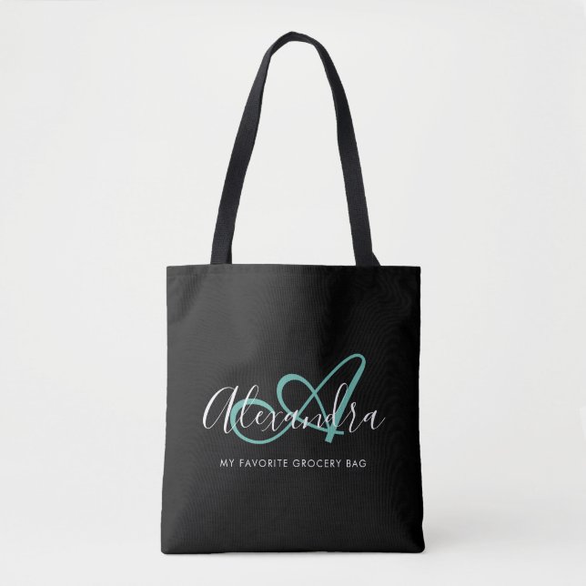 Teal Green Black Script Monogram Mom Tote Bag (Front)