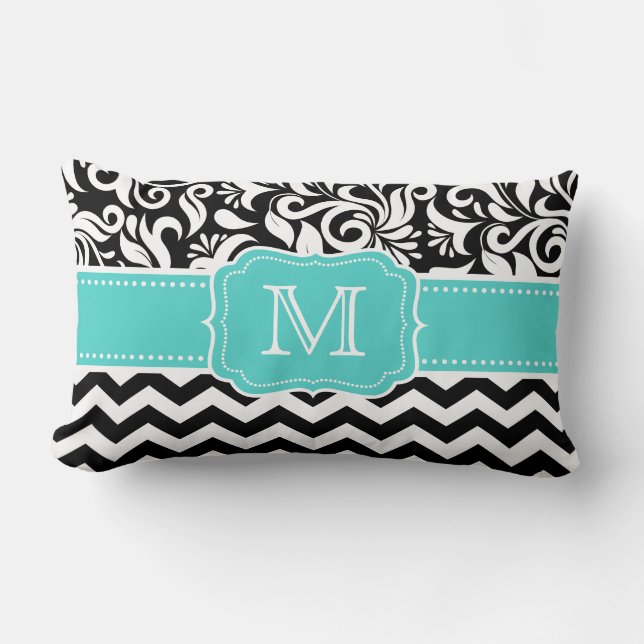 Teal Green Black White Chevron Damask Monogram Lumbar Pillow (Front)