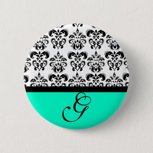 TEAL GREEN BLACK WHITE DAMASK WEDDING MONOGRAM BUTTON (Front)
