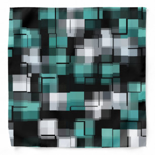 Teal Green Blue Black White Abstract Plaid Bandana