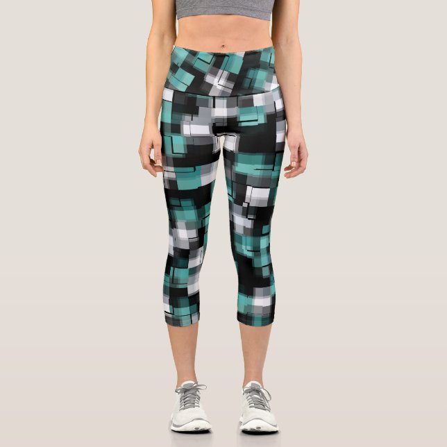 Teal Green Blue Black White Abstract Plaid Capri Leggings (Front)