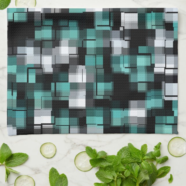 Teal Green Blue Black White Abstract Plaid Kitchen Towel (Folded)