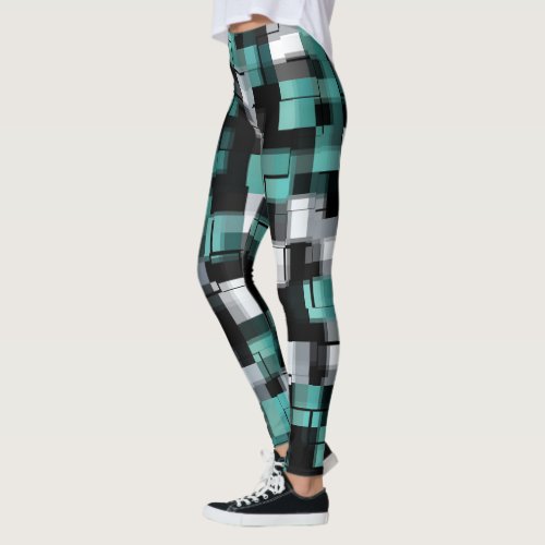 Teal Green Blue Black White Abstract Plaid Leggings