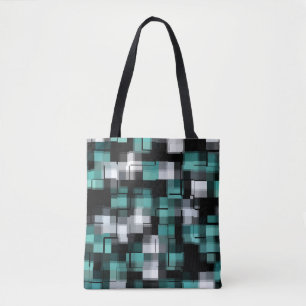 Teal Green Blue Black White Abstract Plaid Tote Bag
