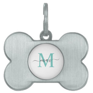 Teal Green Blue Black White Monogram Style Name Pet ID Tag