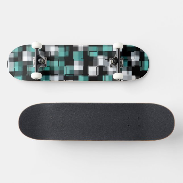 Teal Green Blue Black White Trendy Plaid Pattern Skateboard (Horz)