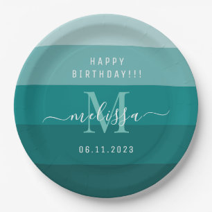 Teal Green Blue Color Block Monogram Name  Paper Plates