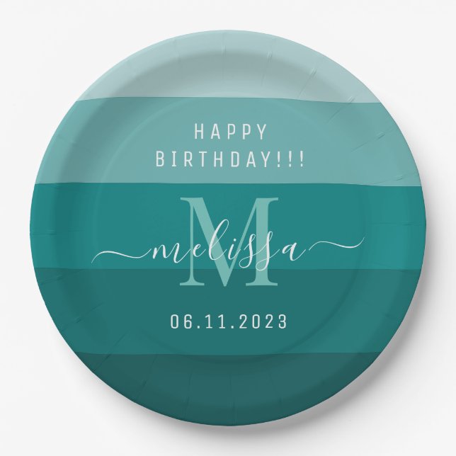 Teal Green Blue Color Block Monogram Name  Paper Plates (Front)