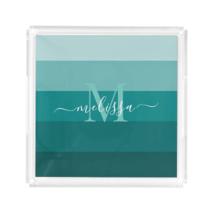 Teal Green Blue Color block Monogram Style Name Acrylic Tray
