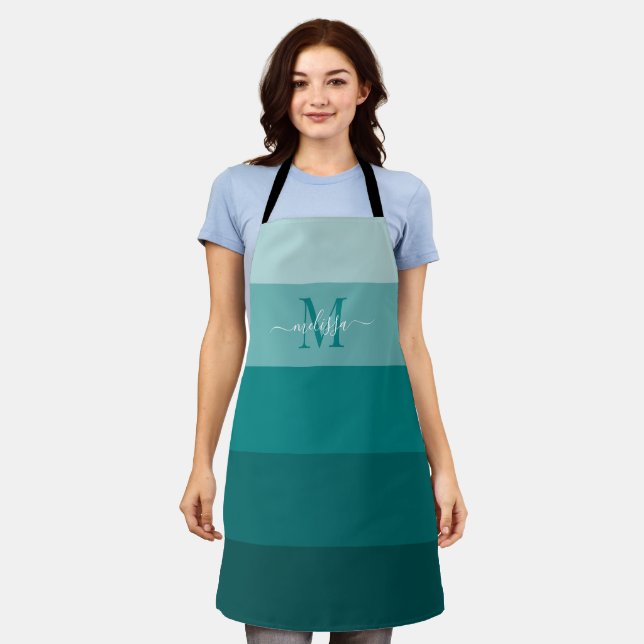 Teal Green Blue Color block Monogram Style Name  Apron (Worn)