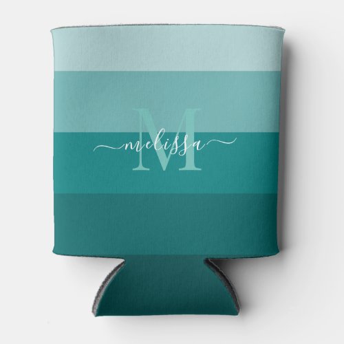 Teal Green Blue Color block Monogram Style Name  Can Cooler
