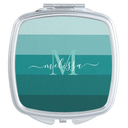 Teal Green Blue Color block Monogram Style Name  Compact Mirror